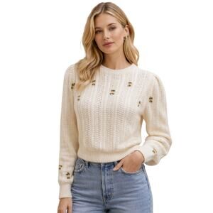 ASTR The Label Floral Embroidered Knit Sweater Off White Puff Sleeve Size M